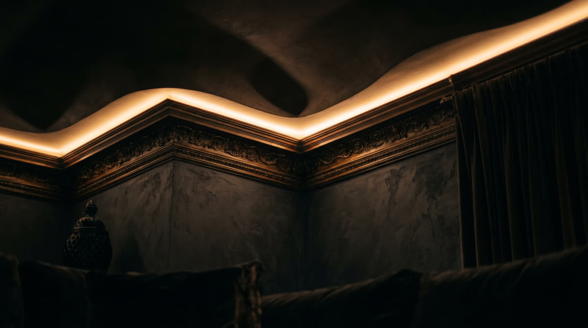 Architectural cove lighting detail in a luxury room with warm tunable glow tracing crown molding