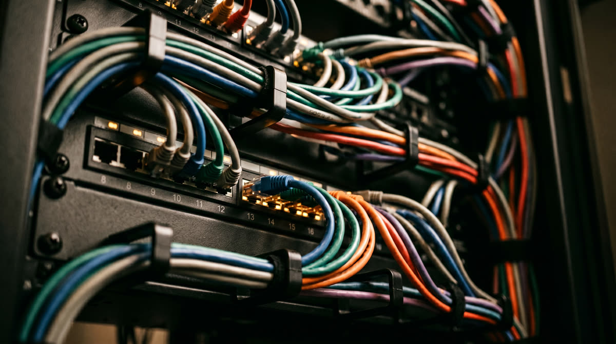 Macro shot of a network patch panel with neatly dressed colored ethernet cables and clean cable management bars