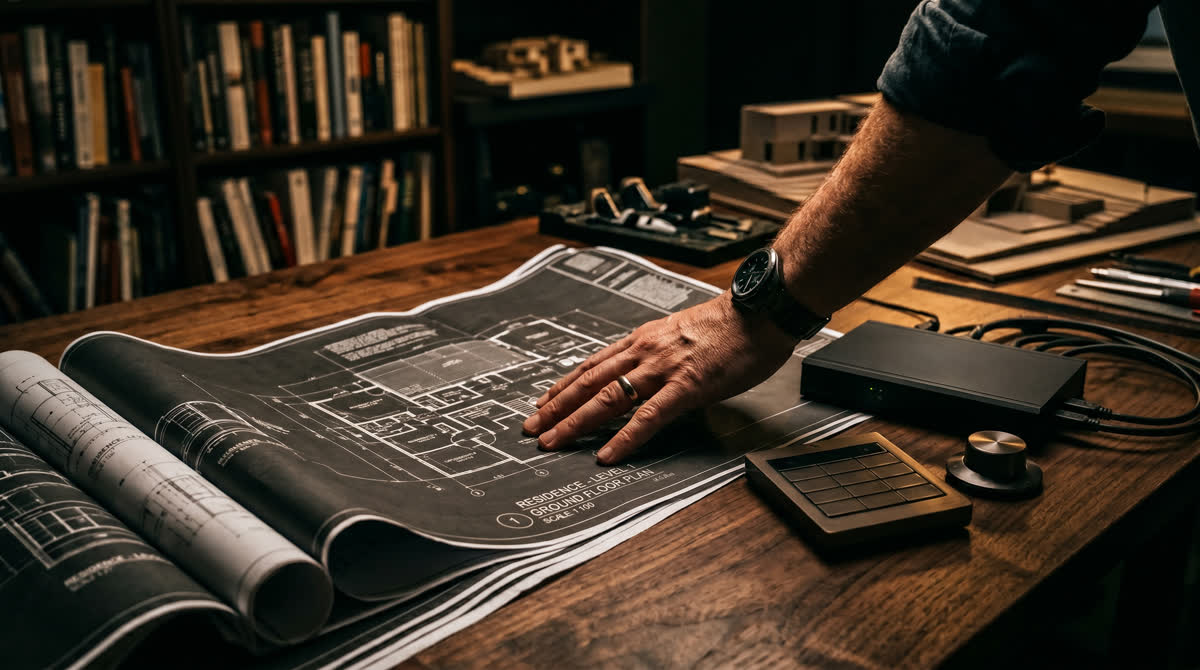 Architect reviewing luxury home blueprints with Crestron processor and keypad on a walnut desk