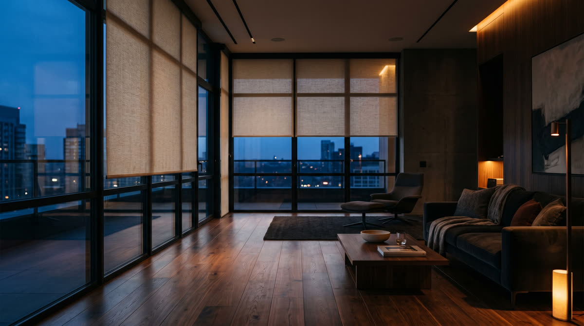 Motorized linen shades partially descended in a luxury living room at dusk