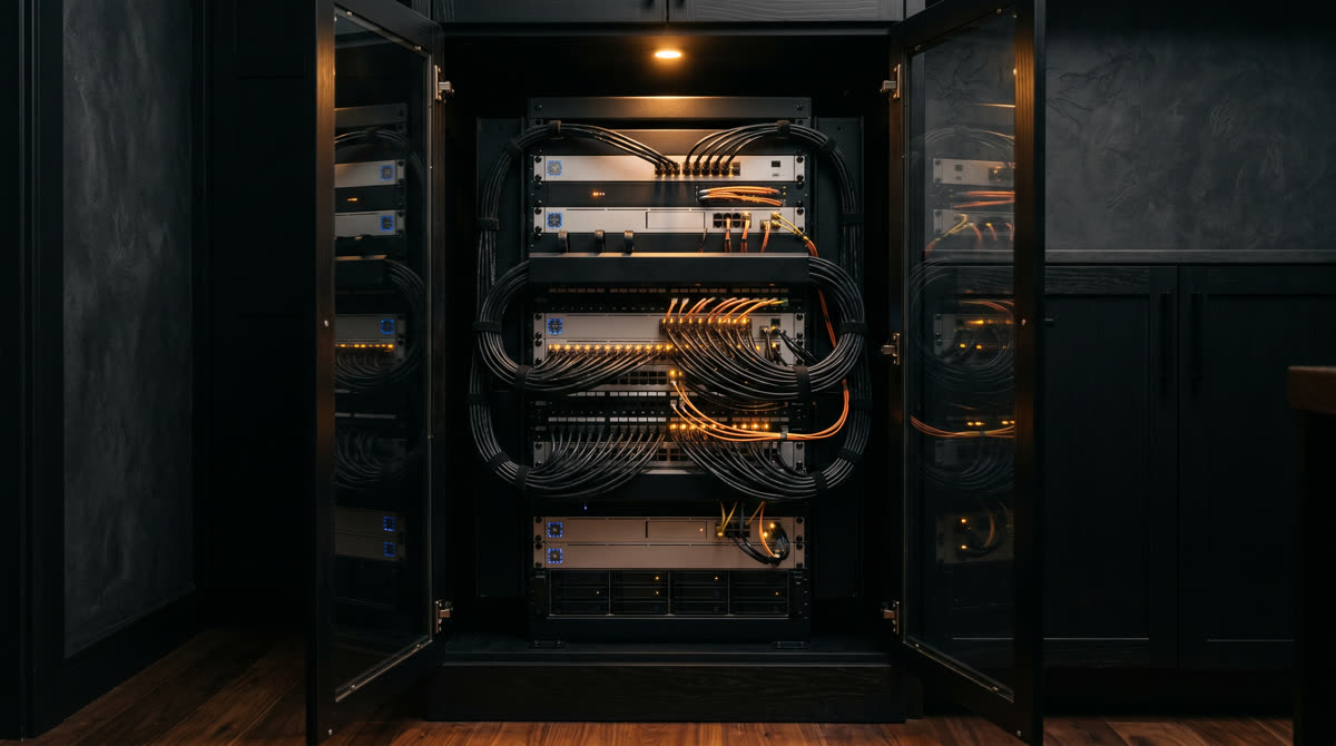 Premium home network closet with rack-mounted enterprise networking equipment, amber LED accents, and neat Cat6A cable management