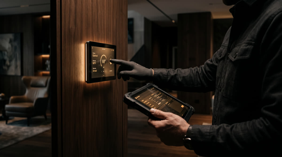 Service technician checking smart home control panel status on a tablet in a luxury NJ residence