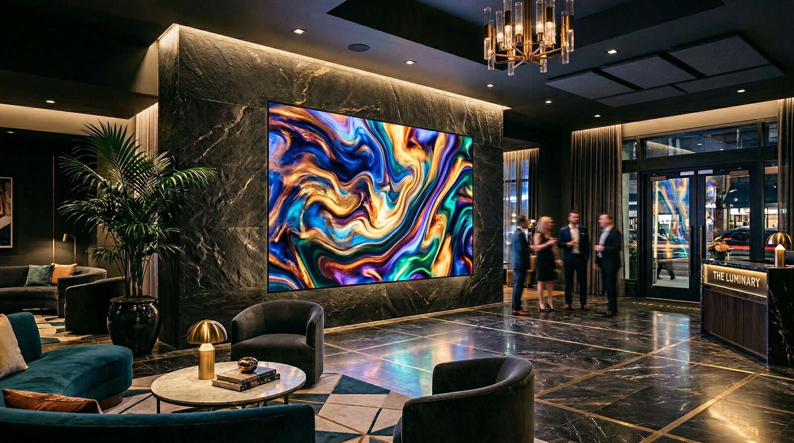 Luxury hotel lobby with flat LED video wall displaying artistic content